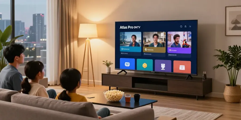 Téléviseur affichant Atlas Pro ONTV dans un salon moderne, famille profitant d'une soirée cinéma.