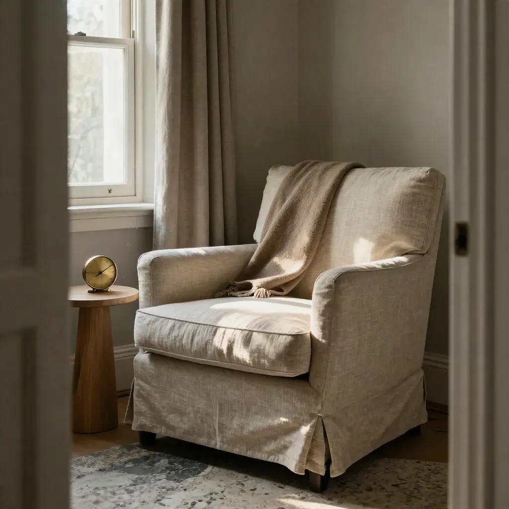 Fauteuil en lin, jeté de laine et horloge en laiton dans un salon baigné de lumière de fin d’après-midi.