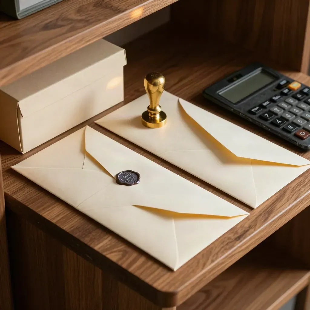 Enveloppes fermées, boîte d’archive crème, calculatrice retournée et sceau en laiton sur bois chaud.