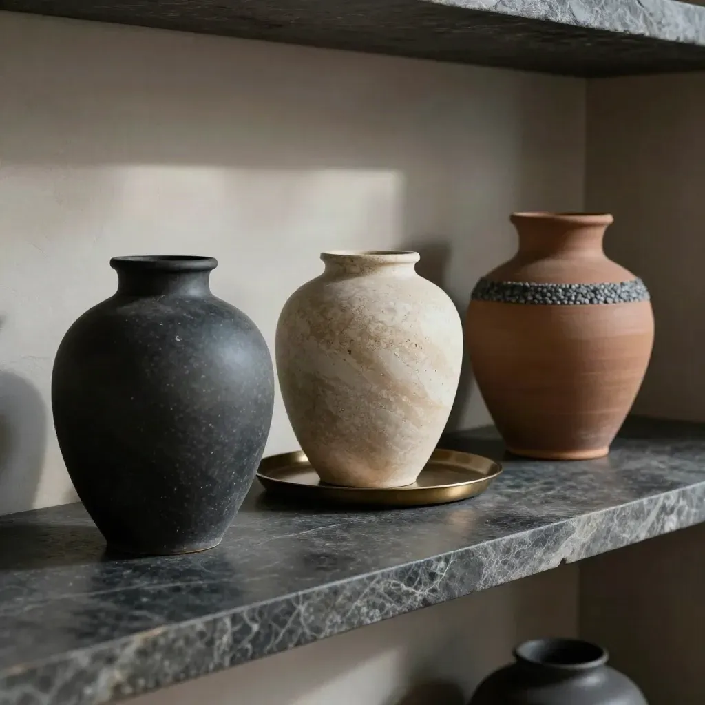 Trois vases minéraux sur une étagère en pierre sombre, lumière douce et reflets bleu nuit.