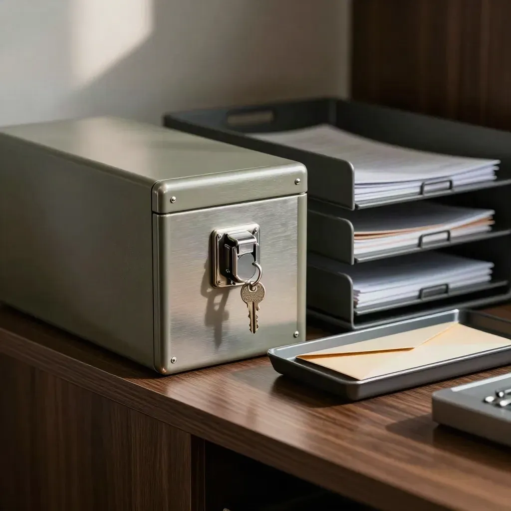 Coffre-fort en métal, plateaux à documents et trousseau de clés sur étagère d’entreprise.