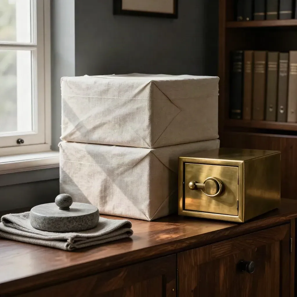 Boîtes d’archives scellées, poids en pierre et poignée de coffre sur une console sombre.