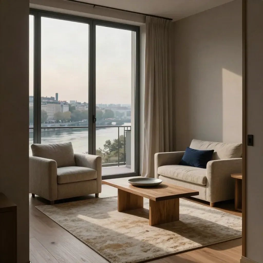 Coin salon lyonnais chaleureux avec deux fauteuils, table basse en chêne et vue brumeuse sur le Rhône.