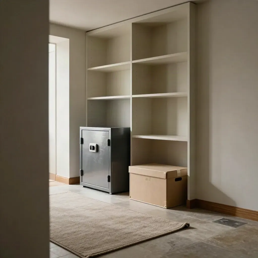 Suite exécutive vidée, coffre fermé, caisse d’archives prête et tapis roulé dans une lumière de fin de journée.