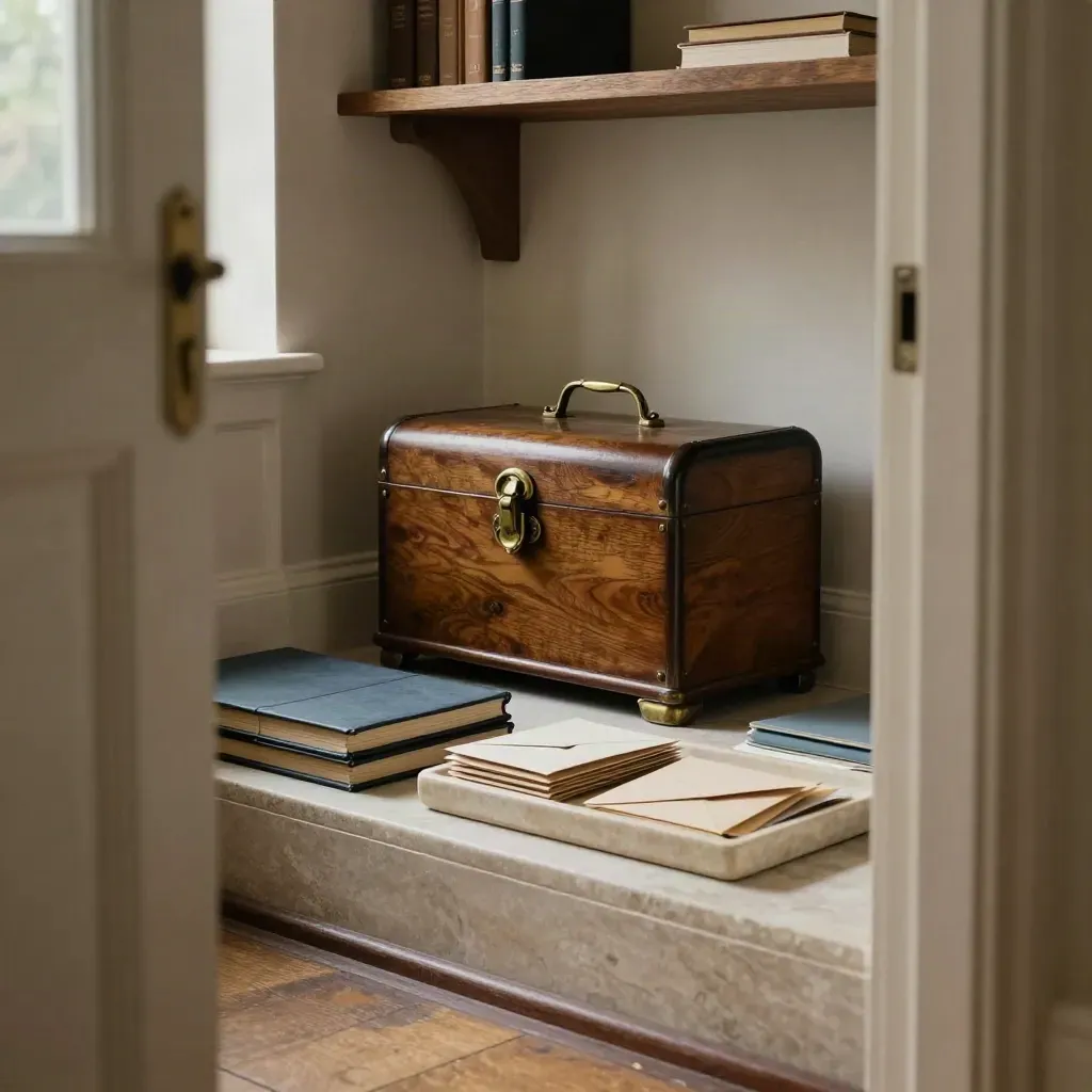 Archive héritée rangée avec coffret restauré, dossiers fermés et enveloppes triées sur pierre.