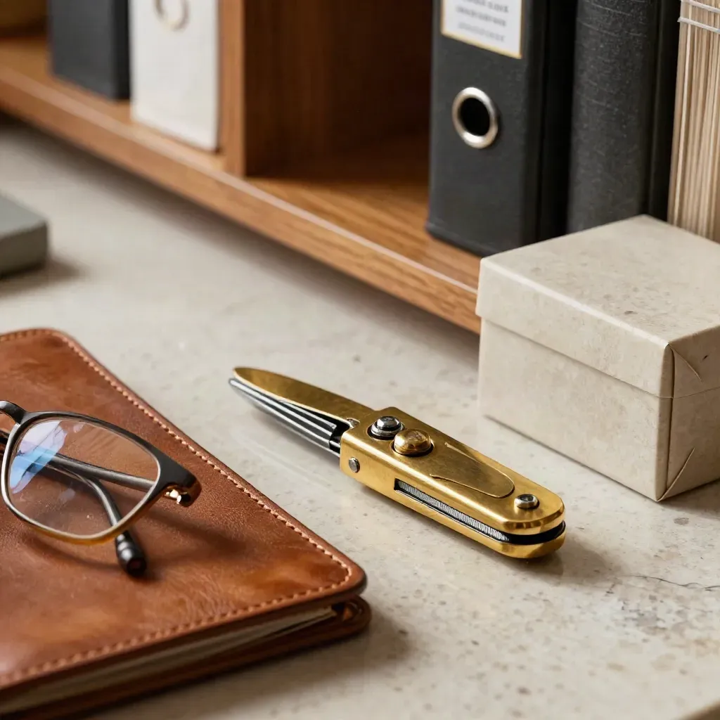Gros plan d’un coupe-papier en laiton, lunettes pliées, porte-documents en cuir et boîte d’archives.