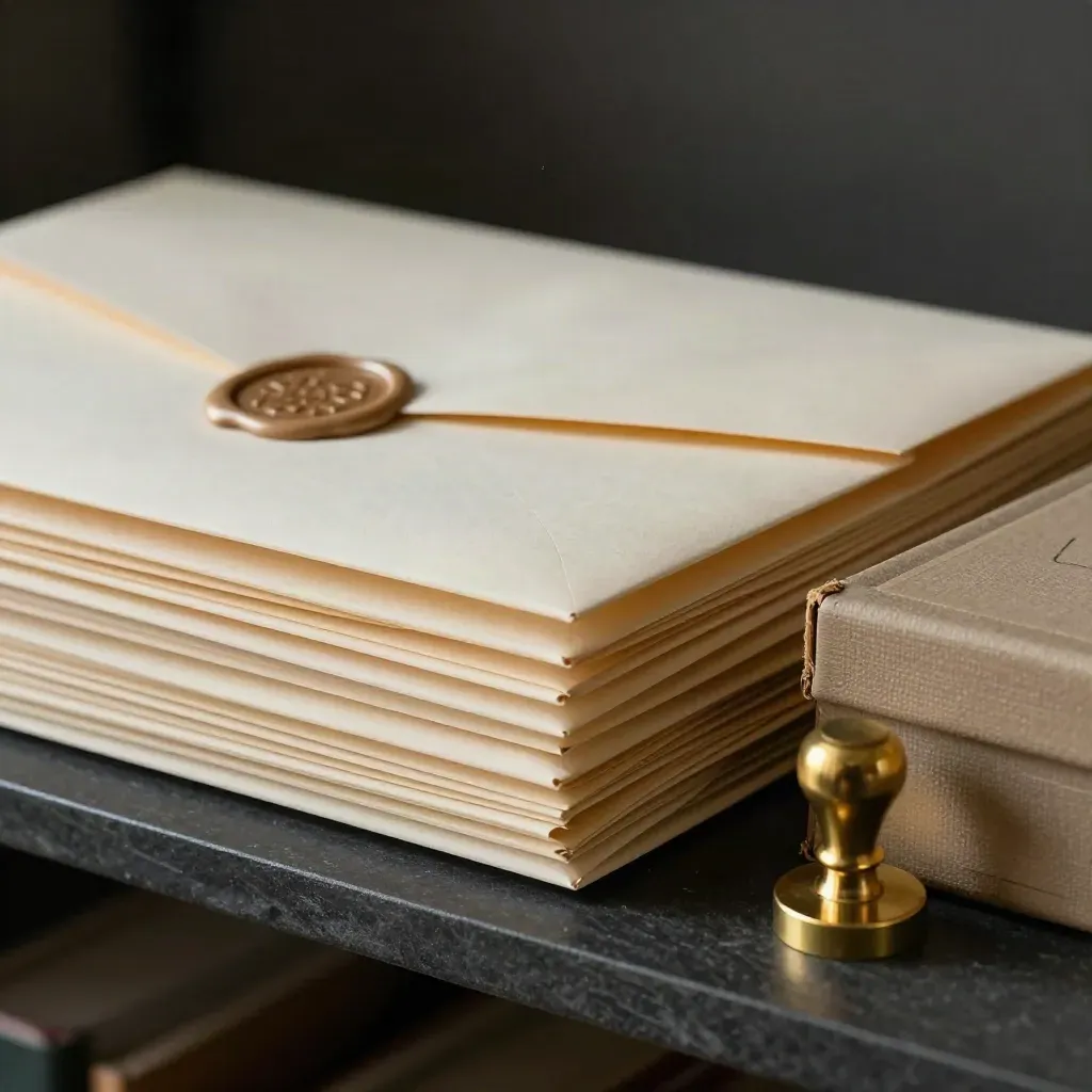 Enveloppes fiscales crème scellées à la cire, tampon en laiton et boîte d’archives fermée.