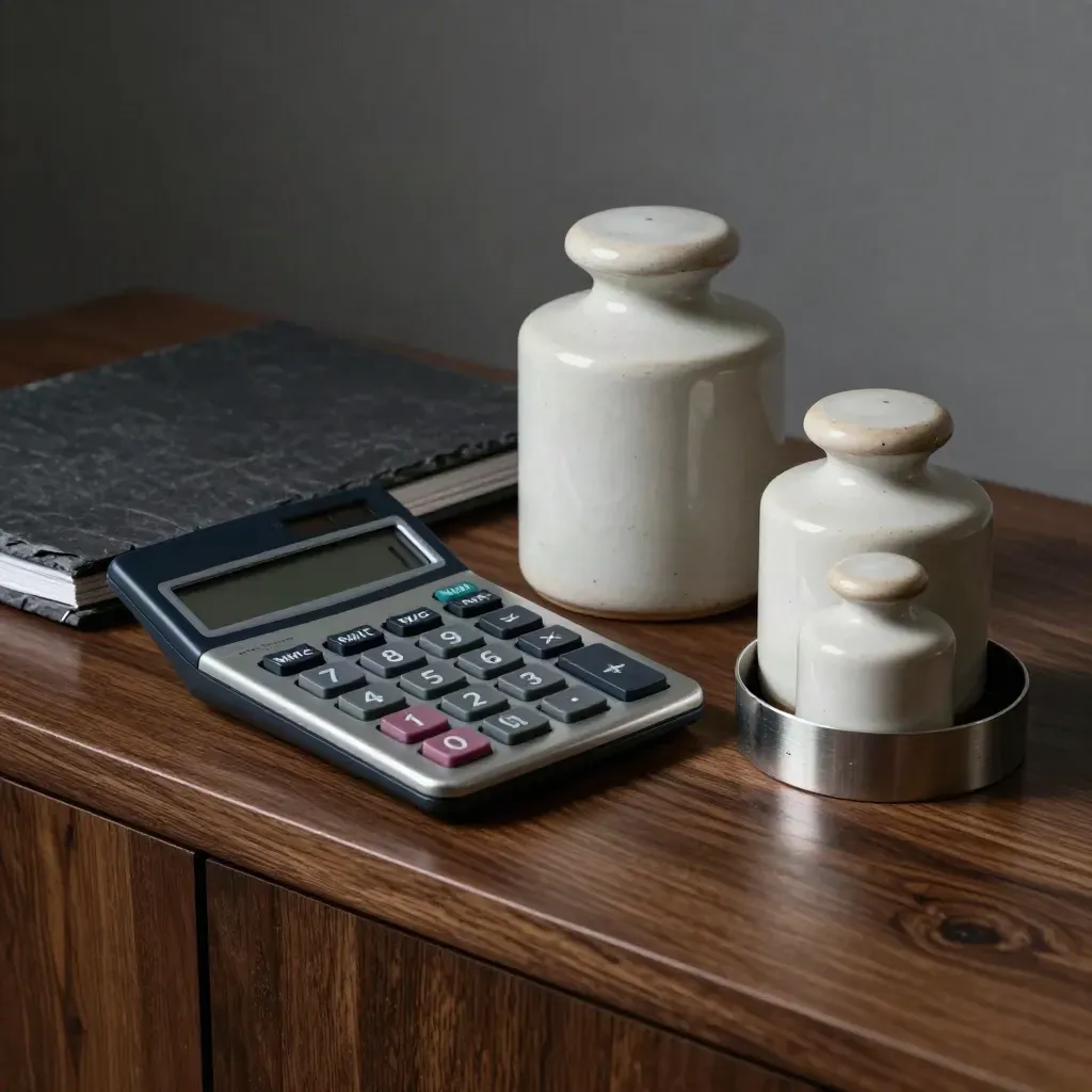 Calculette graphite, poids céramiques et anneau métallique sur une console en noyer sombre.