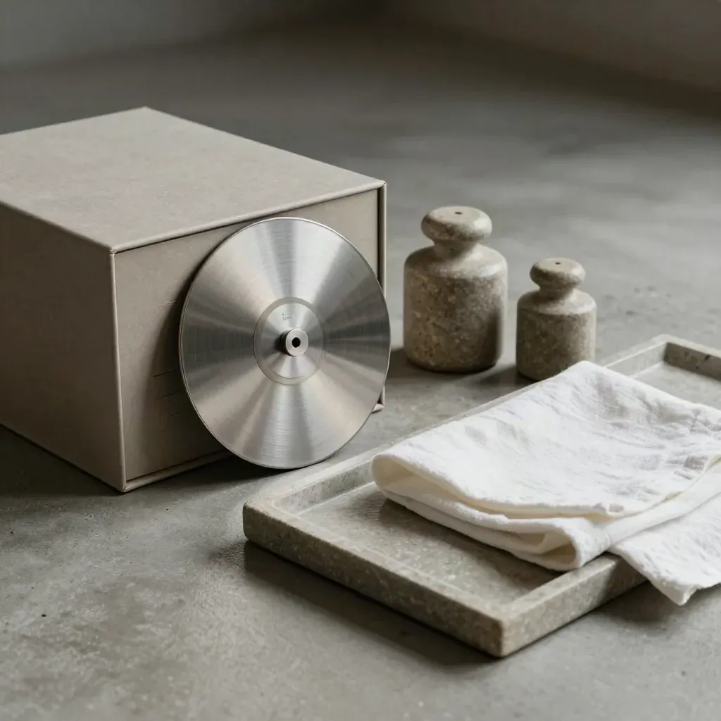 Disque index métallique, boîte d’archives et poids de pierre sur plateau, lumière douce.