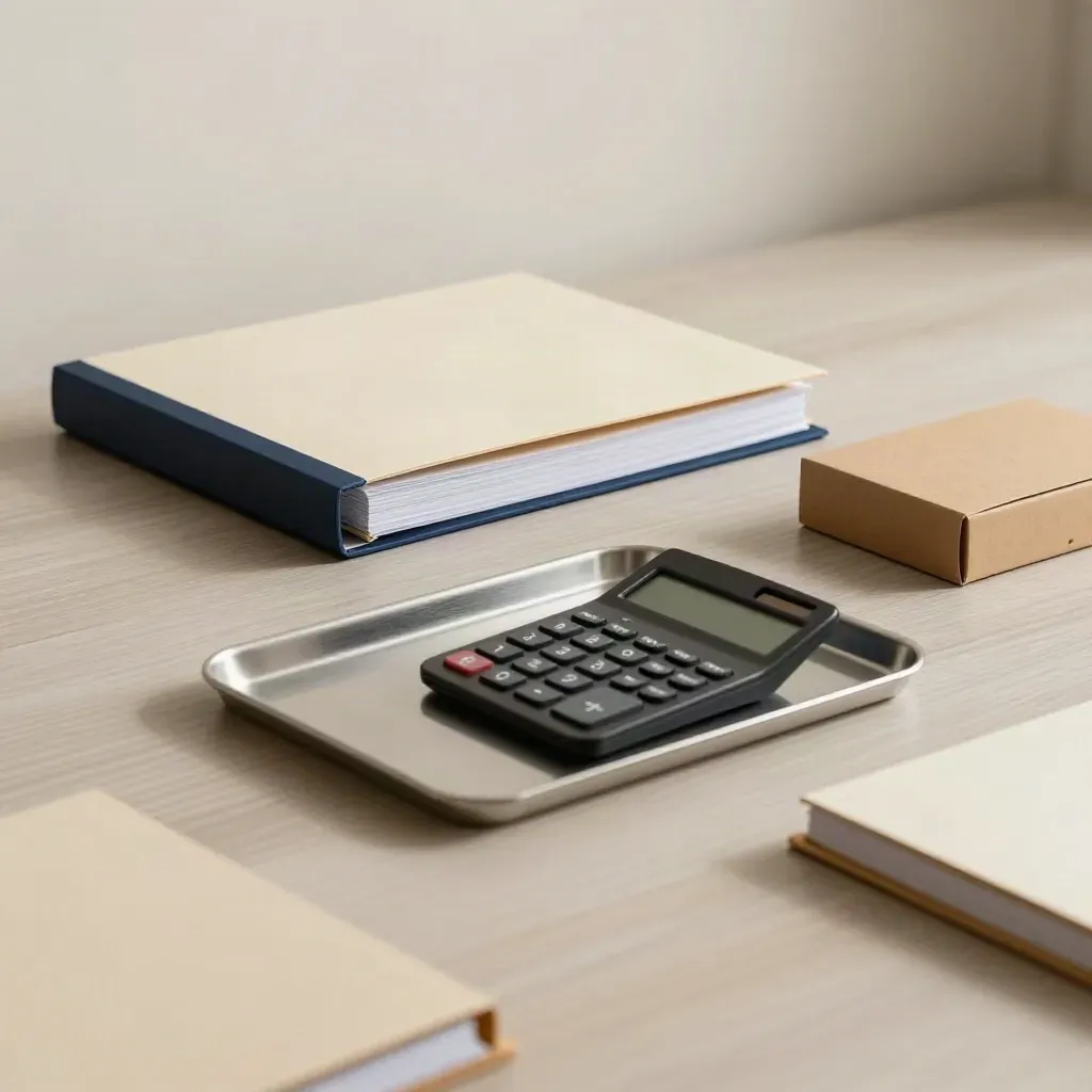 Kit d’audit sur bois clair avec dossiers, plateau métallique et calculatrice retournée