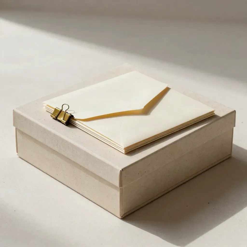 Boîte de présentation scellée, pince laiton et enveloppes crème sur pierre claire.