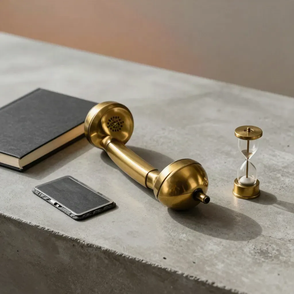 Vue en trois quarts d’un combiné téléphonique en laiton, carnet fermé et porte-carte sur béton.
