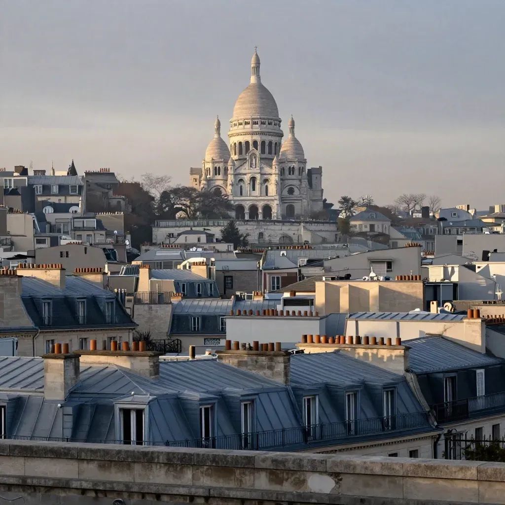Paris depuis Montmartre au crépuscule, Sacré-Cœur et toits de zinc dans la brume.