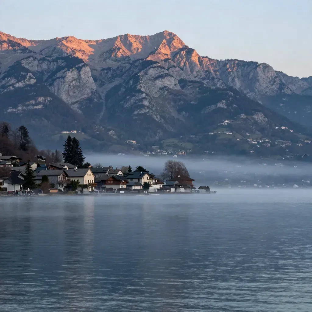 Vue du lac d’Annecy au lever du soleil, brume sur l’eau et villages alpins en hauteur