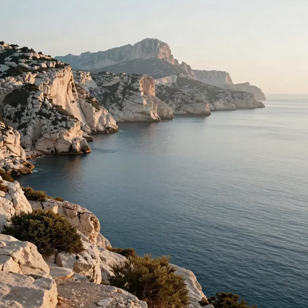 Falaises des calanques de Marseille baignées d’une lumière dorée, mer calme et brume salée.
