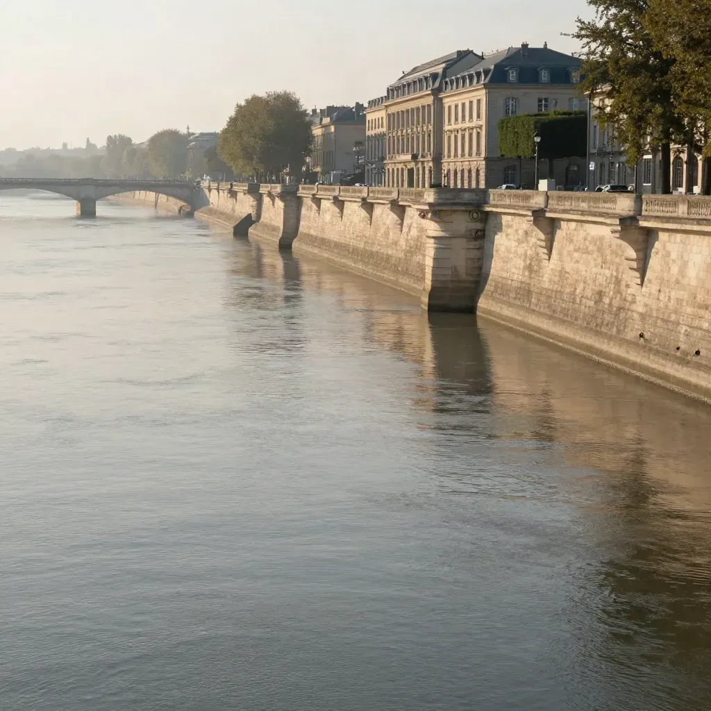 Les quais en pierre de Bordeaux dominent la Garonne dans une brume douce du matin.
