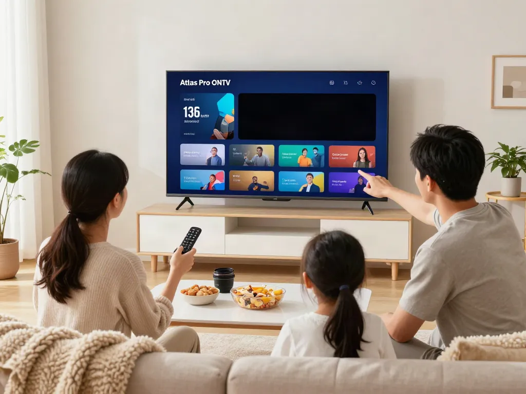 Famille profitant de l'application Atlas Pro sur un téléviseur dans un salon accueillant.