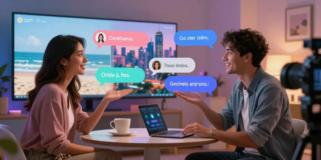 Engaging AI gf virtual chat scene with characters in colorful backgrounds, showcasing lively conversation.